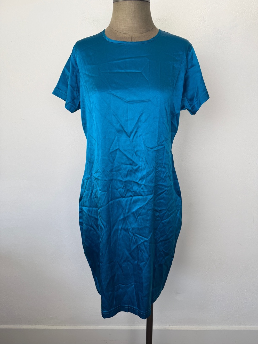 Newport News Size 12 Teal Blue Silk Short Sleeve Midi Shift Dress